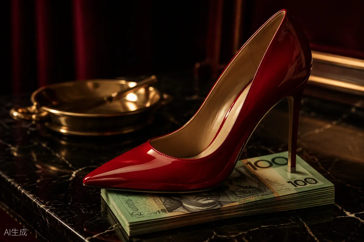 A red heel over Australian banknotes on marble