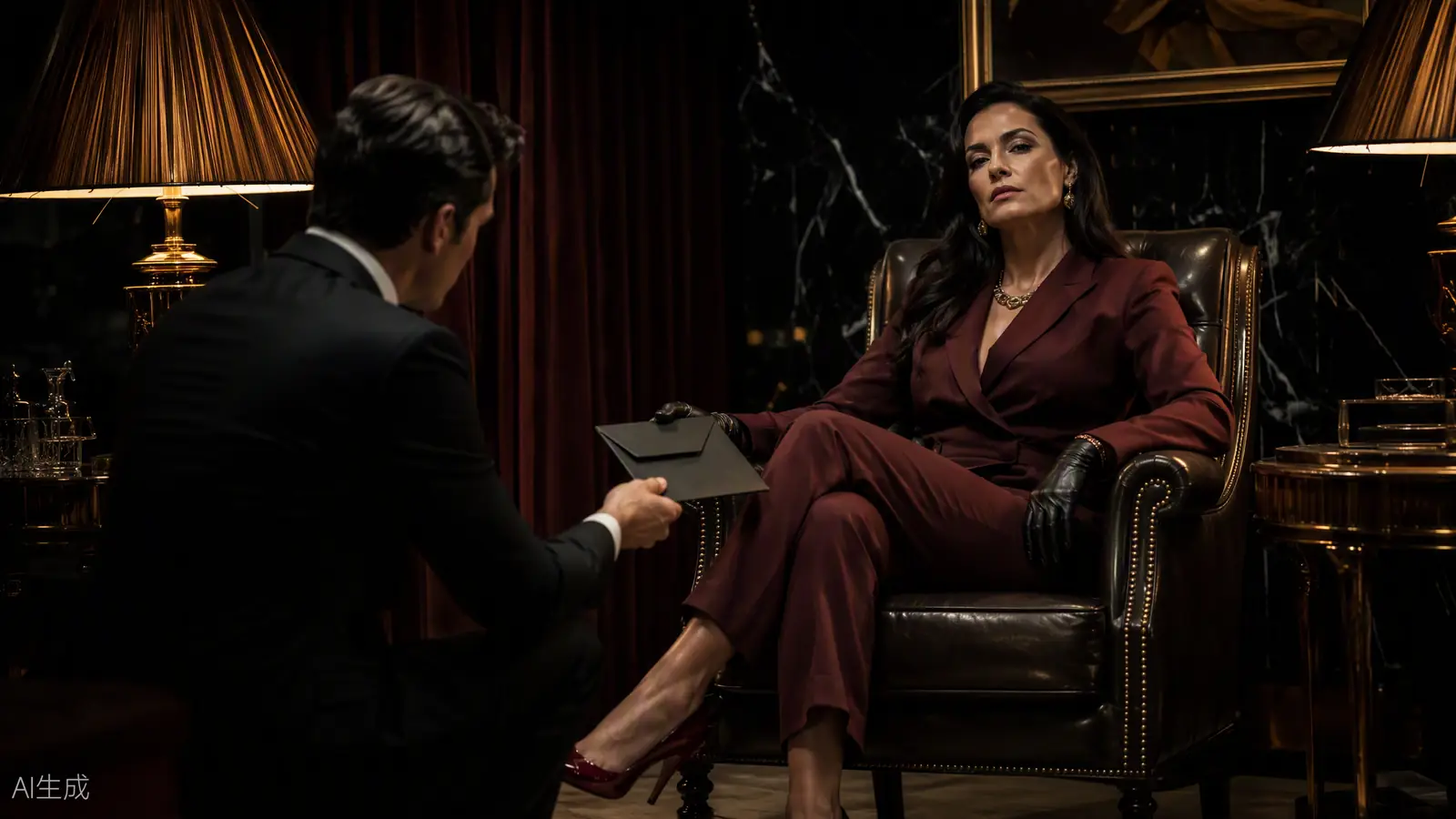 Findom Australia scene with a woman in a burgundy suit receiving a tribute envelope