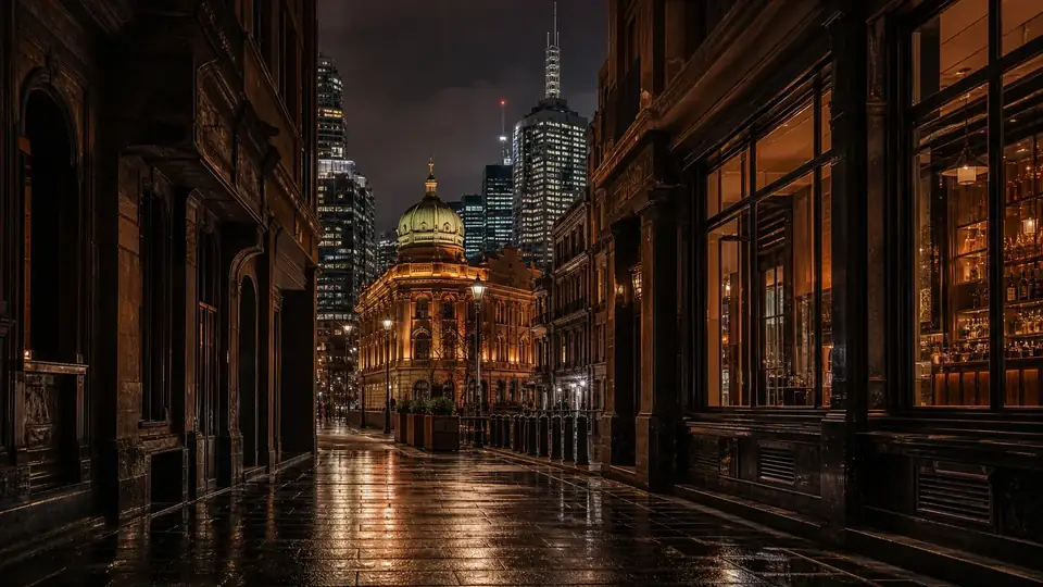 An empty Melbourne heritage laneway and skyline after rain