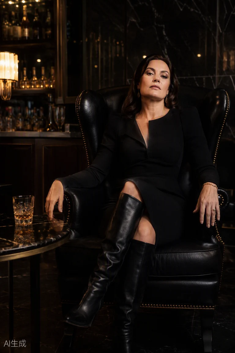 Madame Reign seated in a high-back leather chair