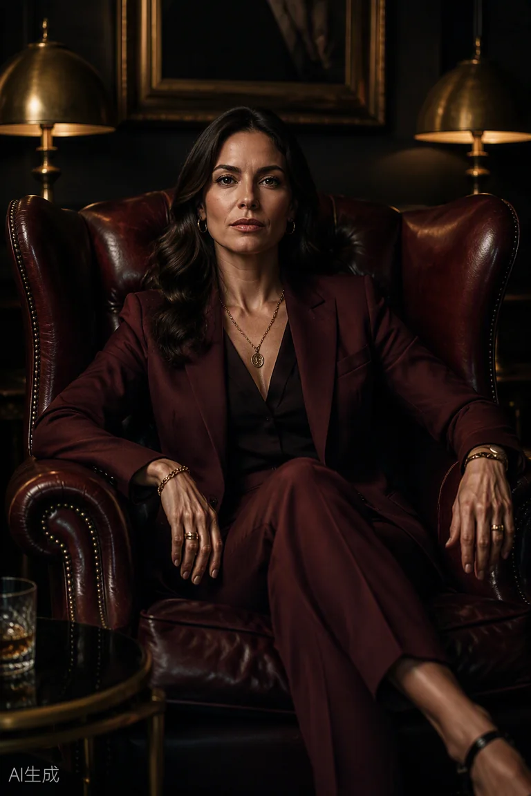 A Findomme in burgundy velvet seated in a candlelit lounge