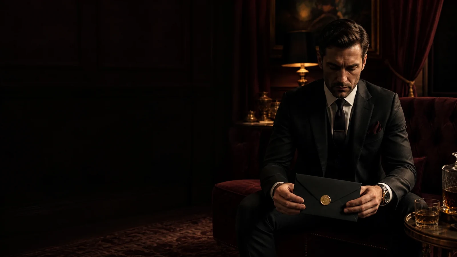 An Australian paypig holds a sealed tribute envelope in a private burgundy lounge