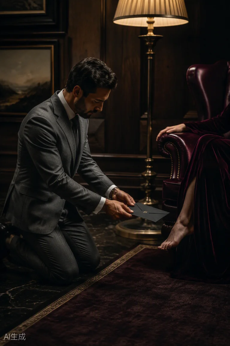A paypig kneels offering a tribute envelope